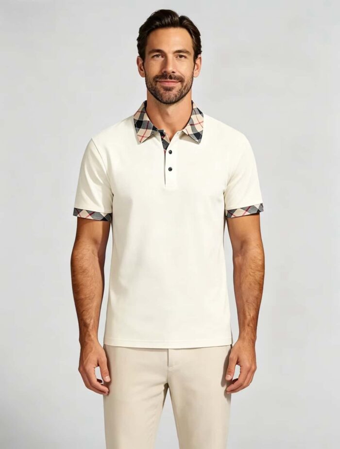Smooth Ice Silk Plaid Contrast Panel Polo, Two-Button Collar Short Sleeve All-Match Solid Shirt for Business Casual Wear - Image 6