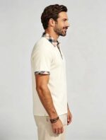 Smooth Ice Silk Plaid Contrast Panel Polo, Two-Button Collar Short Sleeve All-Match Solid Shirt for Business Casual Wear