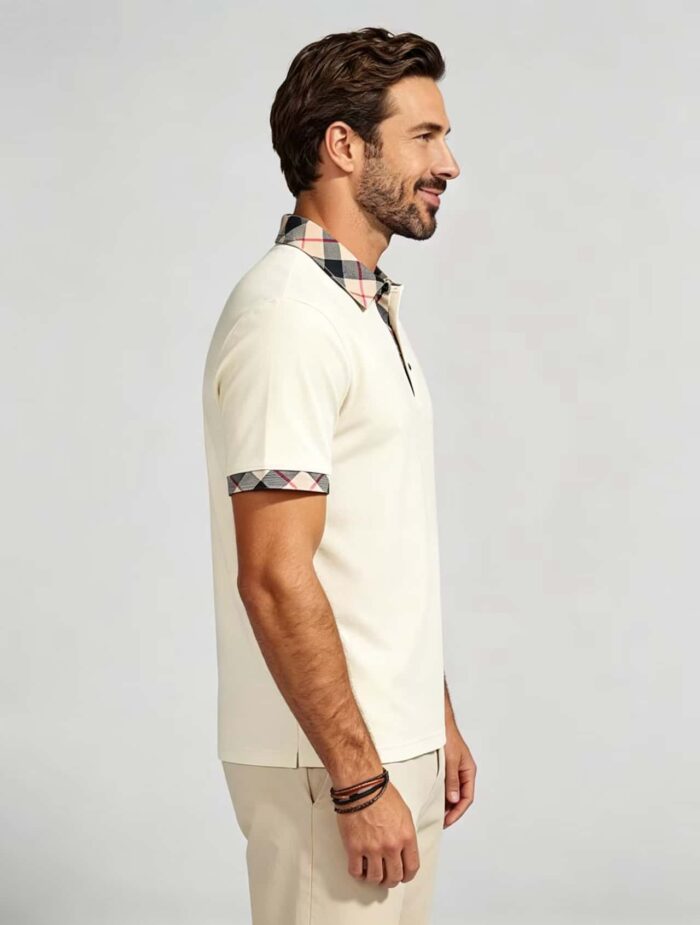 Smooth Ice Silk Plaid Contrast Panel Polo, Two-Button Collar Short Sleeve All-Match Solid Shirt for Business Casual Wear - Image 7