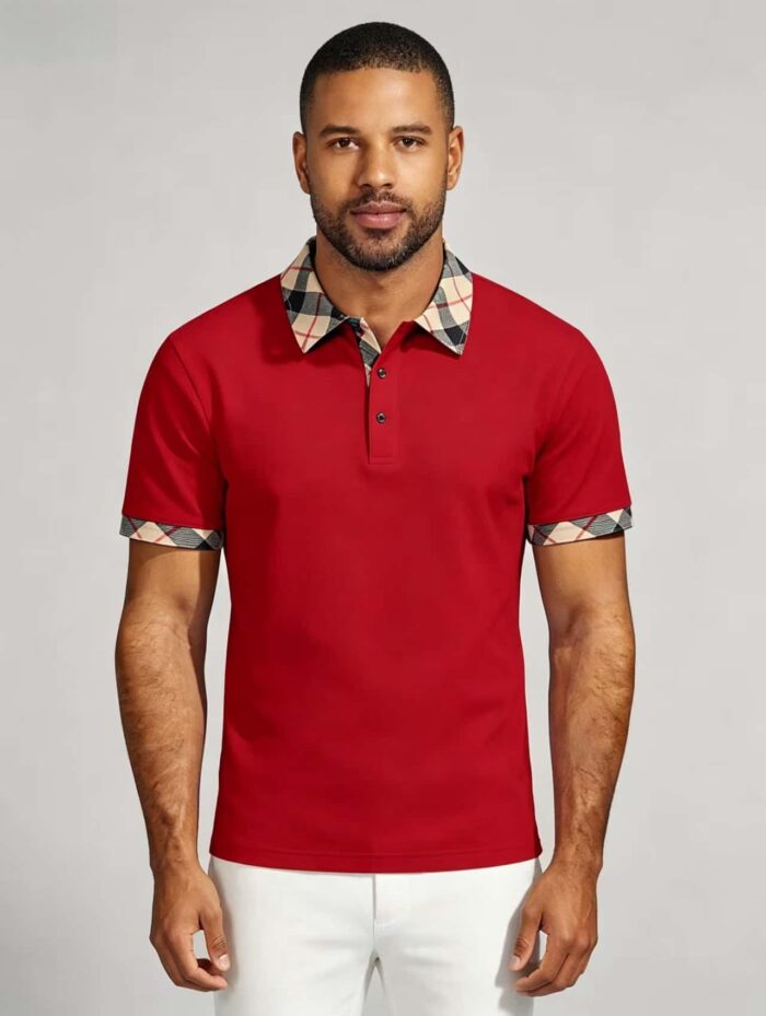 Smooth Ice Silk Plaid Contrast Panel Polo, Two-Button Collar Short Sleeve All-Match Solid Shirt for Business Casual Wear - Image 10
