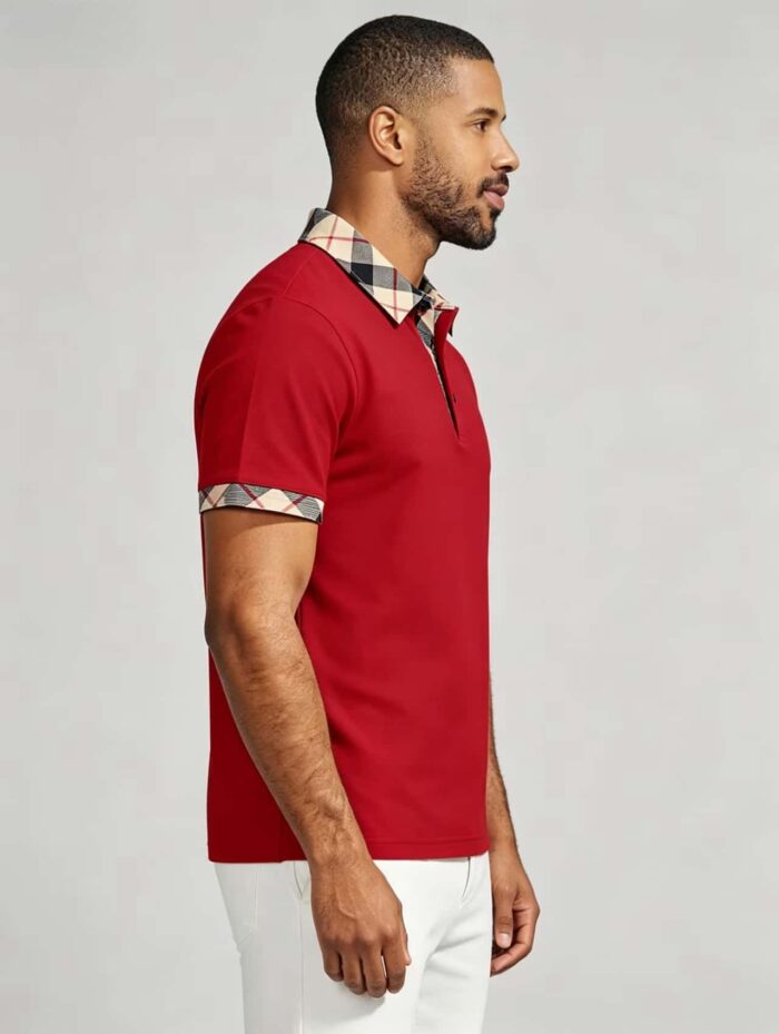 Smooth Ice Silk Plaid Contrast Panel Polo, Two-Button Collar Short Sleeve All-Match Solid Shirt for Business Casual Wear - Image 11