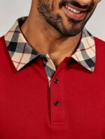 Smooth Ice Silk Plaid Contrast Panel Polo, Two-Button Collar Short Sleeve All-Match Solid Shirt for Business Casual Wear - Image 12