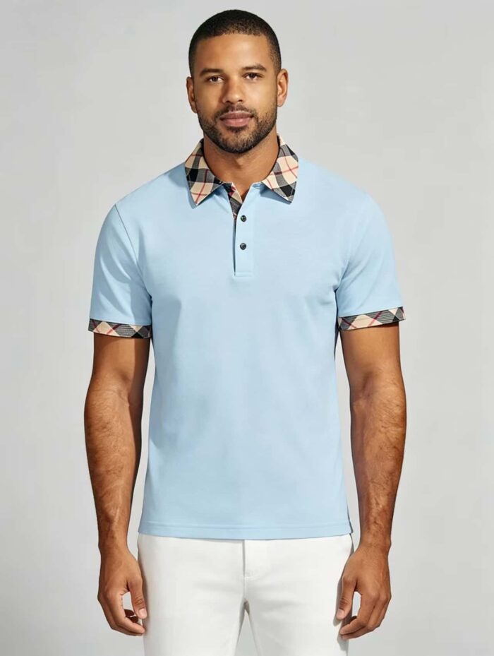 Smooth Ice Silk Plaid Contrast Panel Polo, Two-Button Collar Short Sleeve All-Match Solid Shirt for Business Casual Wear - Image 14