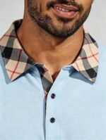 Smooth Ice Silk Plaid Contrast Panel Polo, Two-Button Collar Short Sleeve All-Match Solid Shirt for Business Casual Wear - Image 16