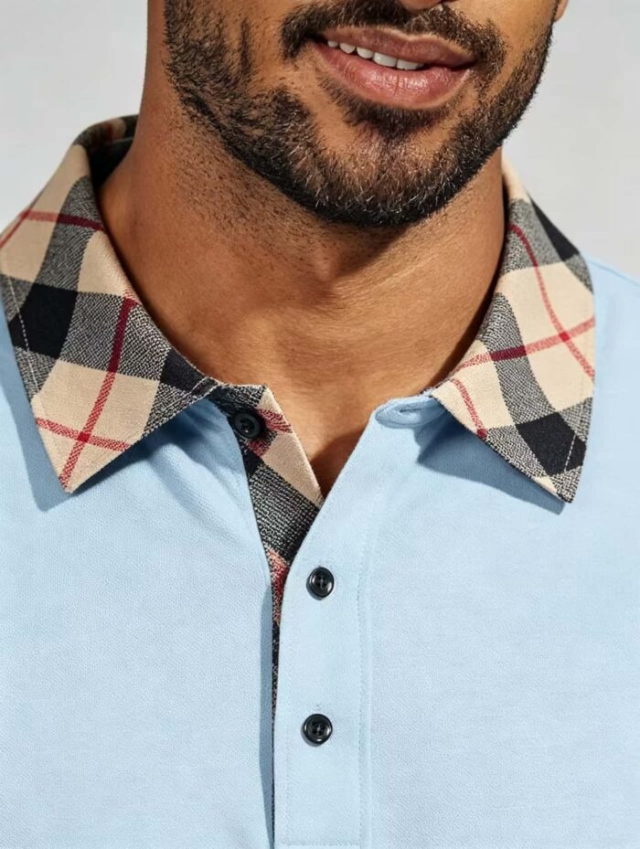 Smooth Ice Silk Plaid Contrast Panel Polo, Two-Button Collar Short Sleeve All-Match Solid Shirt for Business Casual Wear - Image 16