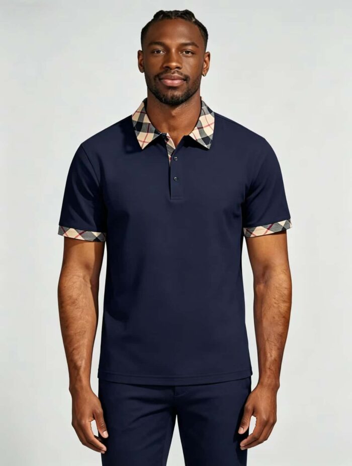 Smooth Ice Silk Plaid Contrast Panel Polo, Two-Button Collar Short Sleeve All-Match Solid Shirt for Business Casual Wear - Image 18