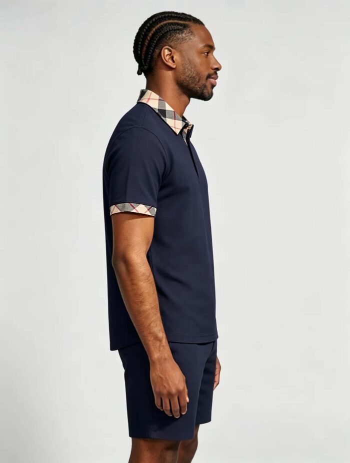 Smooth Ice Silk Plaid Contrast Panel Polo, Two-Button Collar Short Sleeve All-Match Solid Shirt for Business Casual Wear - Image 19