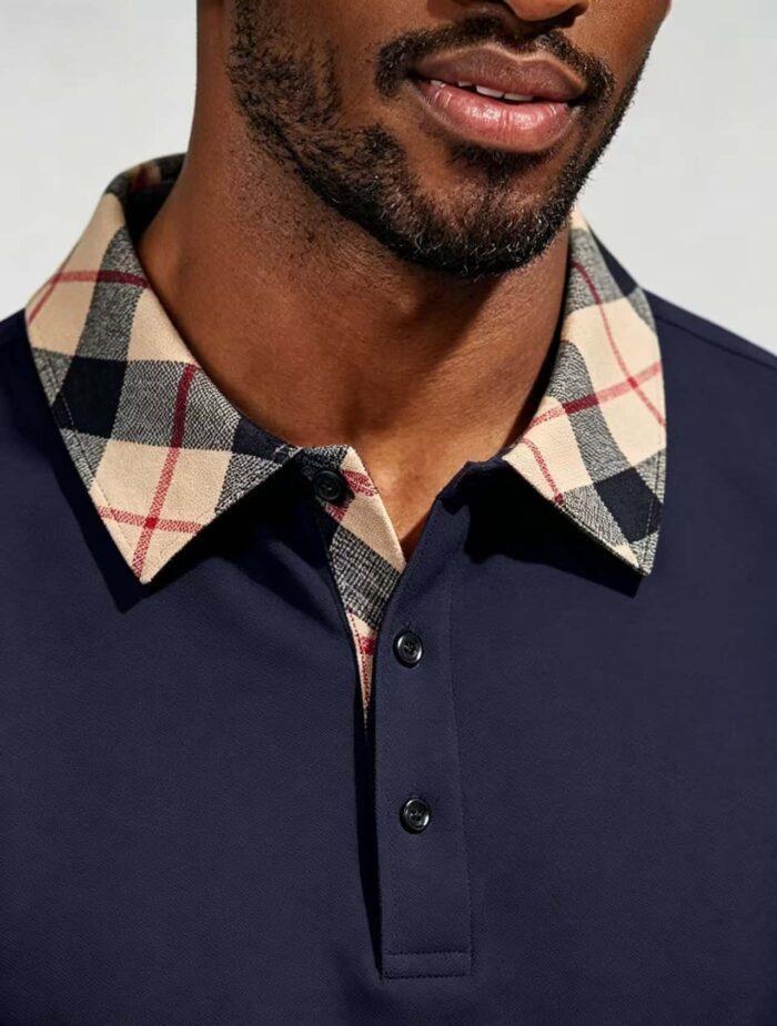 Smooth Ice Silk Plaid Contrast Panel Polo, Two-Button Collar Short Sleeve All-Match Solid Shirt for Business Casual Wear - Image 20