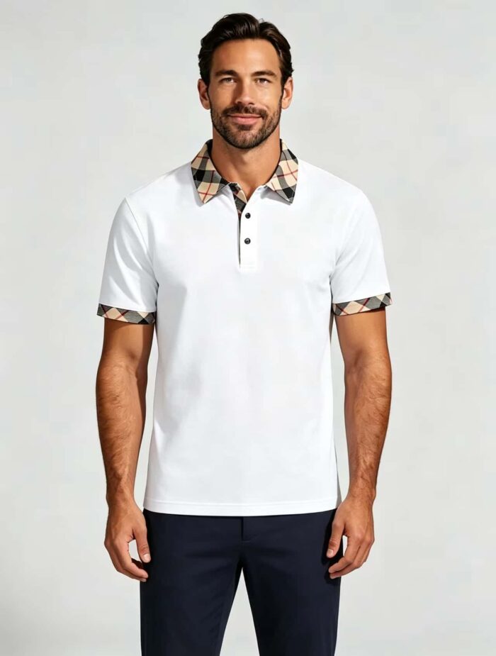 Smooth Ice Silk Plaid Contrast Panel Polo, Two-Button Collar Short Sleeve All-Match Solid Shirt for Business Casual Wear - Image 22