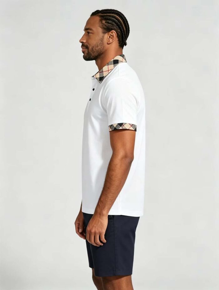 Smooth Ice Silk Plaid Contrast Panel Polo, Two-Button Collar Short Sleeve All-Match Solid Shirt for Business Casual Wear - Image 23