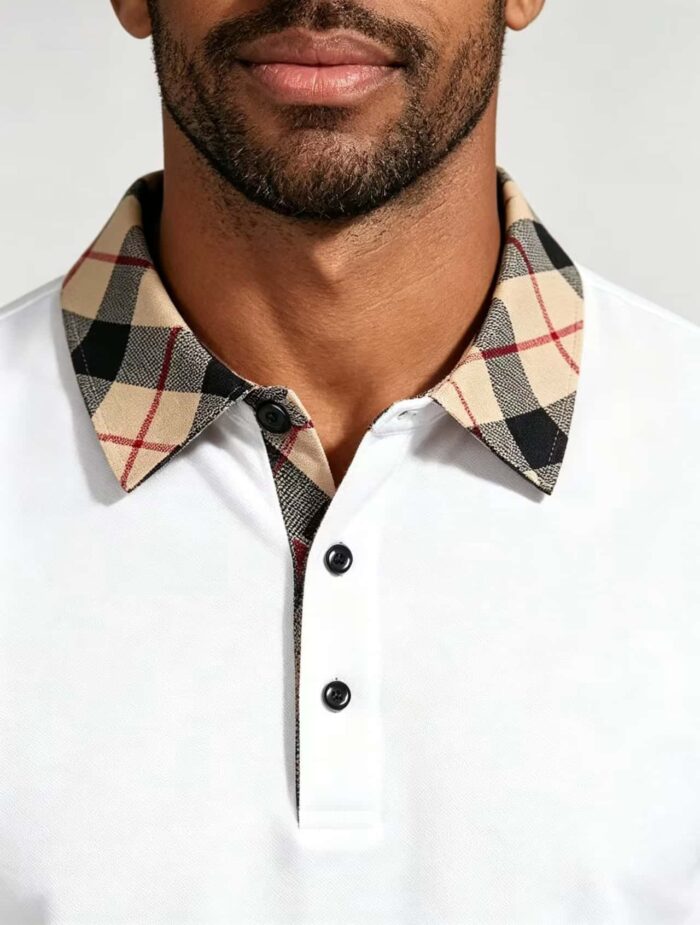 Smooth Ice Silk Plaid Contrast Panel Polo, Two-Button Collar Short Sleeve All-Match Solid Shirt for Business Casual Wear - Image 24
