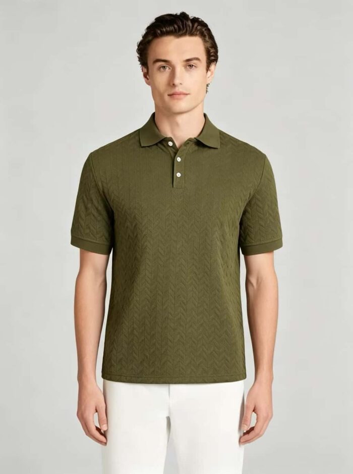Vintage Herringbone Textured Collared Polo, Solid Slim Fit Short Sleeve Minimalist Pullover for Men - Image 6