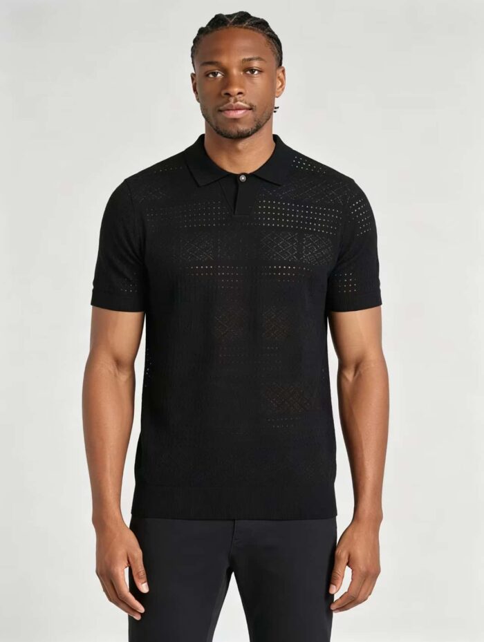 Vintage Segmented Jacquard Hollow Collared Knit Polo, Solid Slim Fit Short Sleeve Minimalist Pullover for Men - Image 6