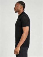 Vintage Segmented Jacquard Hollow Collared Knit Polo, Solid Slim Fit Short Sleeve Minimalist Pullover for Men - Image 7