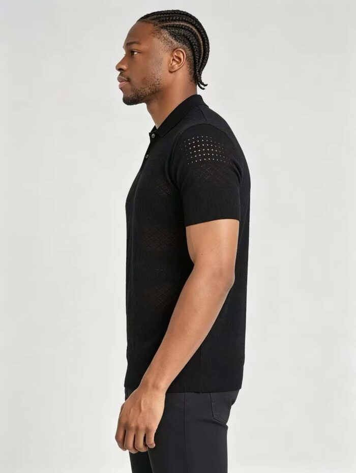 Vintage Segmented Jacquard Hollow Collared Knit Polo, Solid Slim Fit Short Sleeve Minimalist Pullover for Men - Image 7
