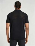 Vintage Segmented Jacquard Hollow Collared Knit Polo, Solid Slim Fit Short Sleeve Minimalist Pullover for Men - Image 8