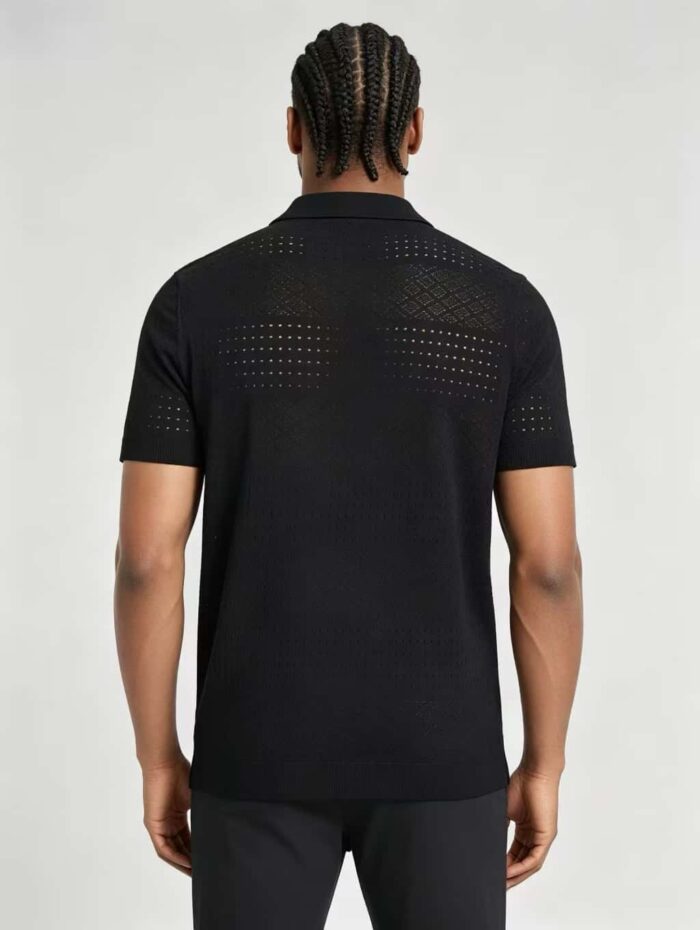 Vintage Segmented Jacquard Hollow Collared Knit Polo, Solid Slim Fit Short Sleeve Minimalist Pullover for Men - Image 8