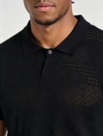 Vintage Segmented Jacquard Hollow Collared Knit Polo, Solid Slim Fit Short Sleeve Minimalist Pullover for Men - Image 9