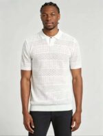 Vintage Segmented Jacquard Hollow Collared Knit Polo, Solid Slim Fit Short Sleeve Minimalist Pullover for Men - Image 10