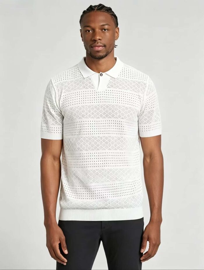 Vintage Segmented Jacquard Hollow Collared Knit Polo, Solid Slim Fit Short Sleeve Minimalist Pullover for Men - Image 10