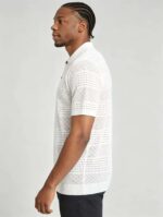 Vintage Segmented Jacquard Hollow Collared Knit Polo, Solid Slim Fit Short Sleeve Minimalist Pullover for Men - Image 11