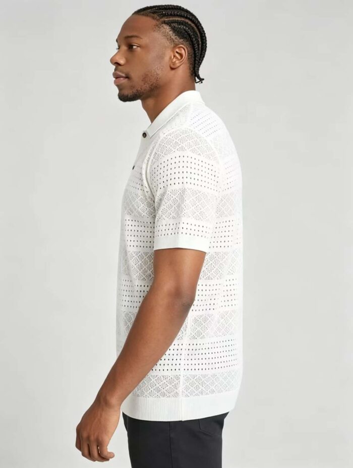 Vintage Segmented Jacquard Hollow Collared Knit Polo, Solid Slim Fit Short Sleeve Minimalist Pullover for Men - Image 11