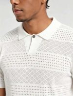 Vintage Segmented Jacquard Hollow Collared Knit Polo, Solid Slim Fit Short Sleeve Minimalist Pullover for Men - Image 12