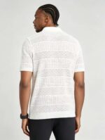 Vintage Segmented Jacquard Hollow Collared Knit Polo, Solid Slim Fit Short Sleeve Minimalist Pullover for Men - Image 13