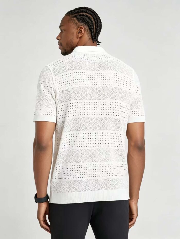 Vintage Segmented Jacquard Hollow Collared Knit Polo, Solid Slim Fit Short Sleeve Minimalist Pullover for Men - Image 13