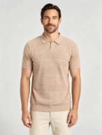 Vintage Segmented Jacquard Hollow Collared Knit Polo, Solid Slim Fit Short Sleeve Minimalist Pullover for Men - Image 2