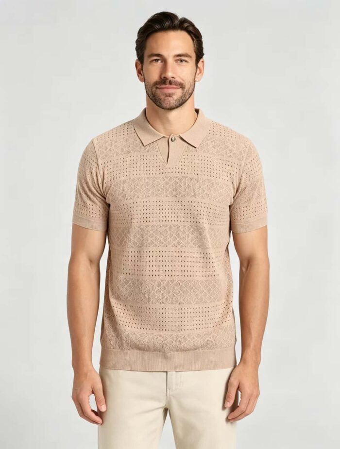 Vintage Segmented Jacquard Hollow Collared Knit Polo, Solid Slim Fit Short Sleeve Minimalist Pullover for Men - Image 2