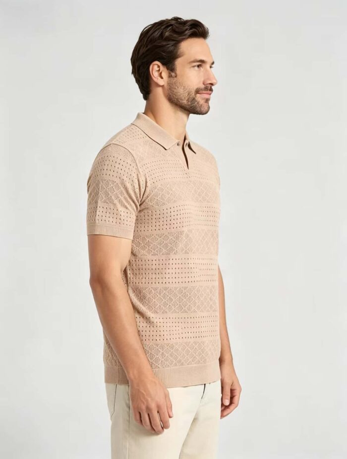 Vintage Segmented Jacquard Hollow Collared Knit Polo, Solid Slim Fit Short Sleeve Minimalist Pullover for Men - Image 3
