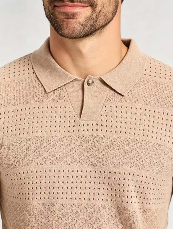 Vintage Segmented Jacquard Hollow Collared Knit Polo, Solid Slim Fit Short Sleeve Minimalist Pullover for Men - Image 4