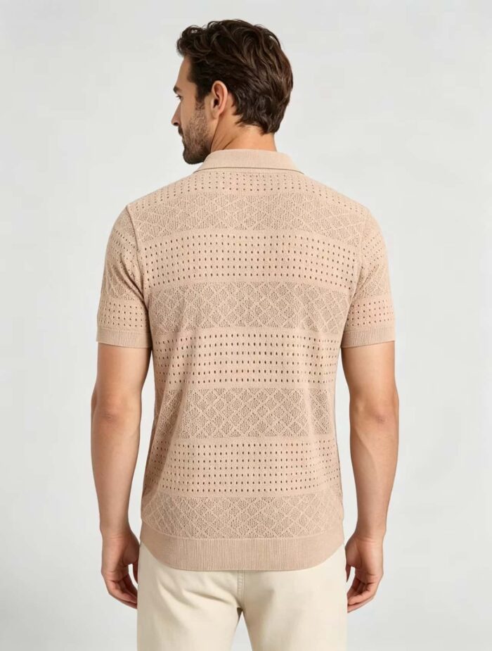 Vintage Segmented Jacquard Hollow Collared Knit Polo, Solid Slim Fit Short Sleeve Minimalist Pullover for Men - Image 5