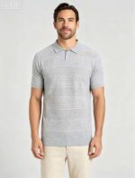 Vintage Segmented Jacquard Hollow Collared Knit Polo, Solid Slim Fit Short Sleeve Minimalist Pullover for Men - Image 14