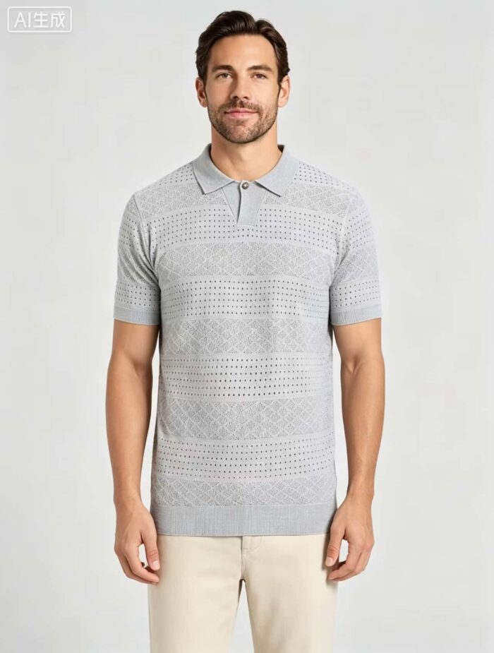 Vintage Segmented Jacquard Hollow Collared Knit Polo, Solid Slim Fit Short Sleeve Minimalist Pullover for Men - Image 14