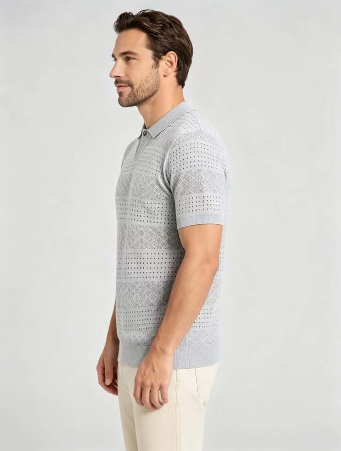 Vintage Segmented Jacquard Hollow Collared Knit Polo, Solid Slim Fit Short Sleeve Minimalist Pullover for Men - Image 15