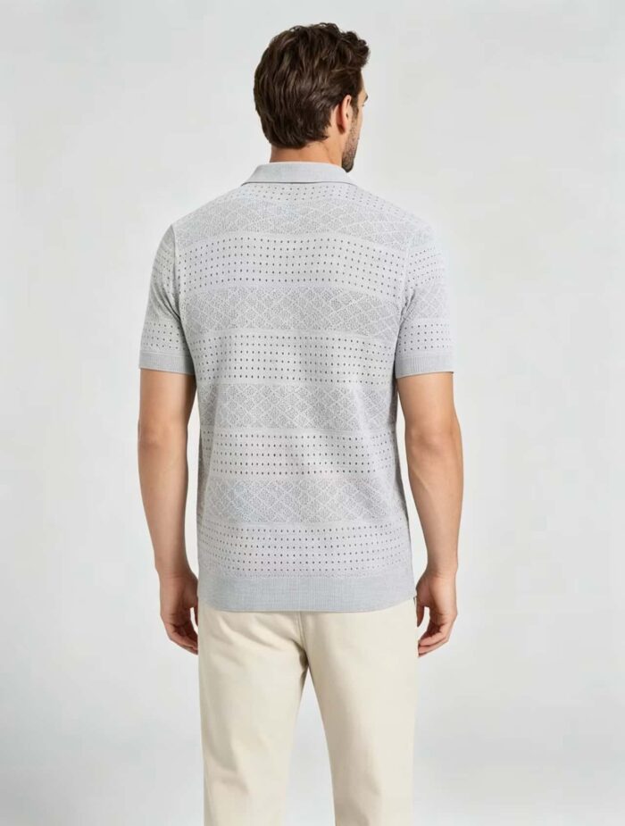 Vintage Segmented Jacquard Hollow Collared Knit Polo, Solid Slim Fit Short Sleeve Minimalist Pullover for Men - Image 16