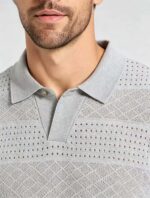 Vintage Segmented Jacquard Hollow Collared Knit Polo, Solid Slim Fit Short Sleeve Minimalist Pullover for Men - Image 17
