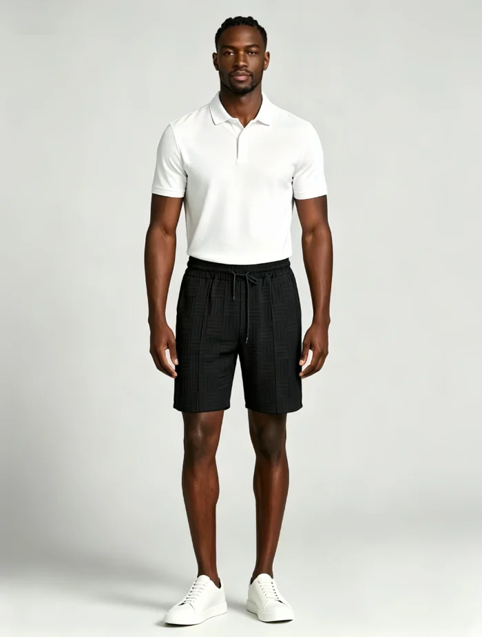 Men's Vertical Textured Jacquard Drawstring Elastic Waist Knee Length Casual Loungewear Shorts - Image 7