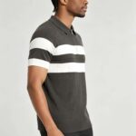 Vintage Panel Striped Half-Zip Collared Knit Polo, Vertical Textured Short Sleeve Premium Pullover for Men