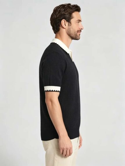 Vintage Contrast Scalloped V-Collar Knit Polo, Solid Textured Short Sleeve Premium Pullover for Men