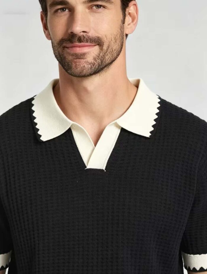 Vintage Contrast Scalloped V-Collar Knit Polo, Solid Textured Short Sleeve Premium Pullover for Men - Image 4