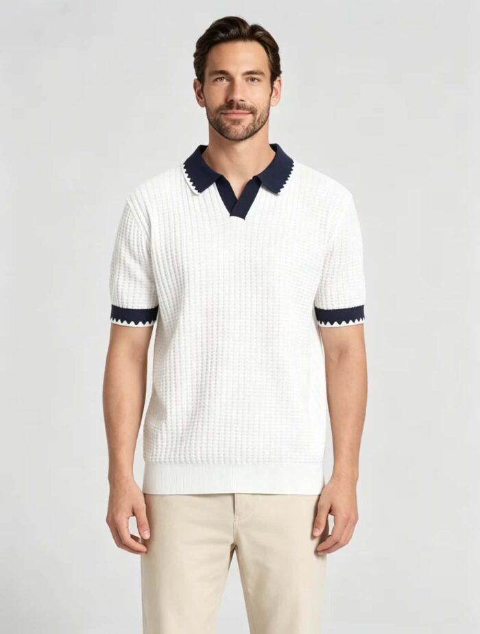Vintage Contrast Scalloped V-Collar Knit Polo, Solid Textured Short Sleeve Premium Pullover for Men - Image 6