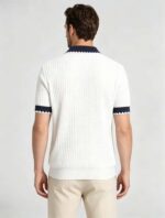 Vintage Contrast Scalloped V-Collar Knit Polo, Solid Textured Short Sleeve Premium Pullover for Men - Image 9