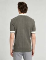 Vintage Contrast Scalloped V-Collar Knit Polo, Solid Textured Short Sleeve Premium Pullover for Men - Image 13