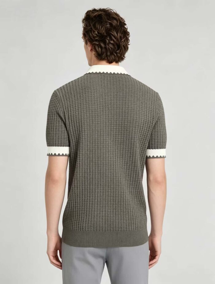 Vintage Contrast Scalloped V-Collar Knit Polo, Solid Textured Short Sleeve Premium Pullover for Men - Image 13