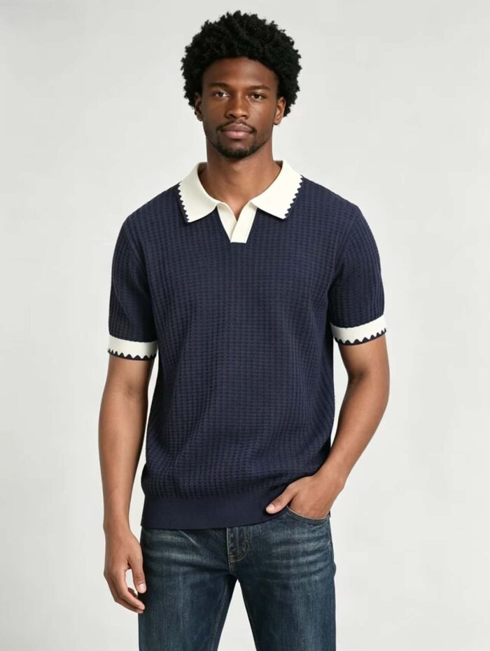 Vintage Contrast Scalloped V-Collar Knit Polo, Solid Textured Short Sleeve Premium Pullover for Men - Image 18