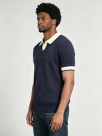 Vintage Contrast Scalloped V-Collar Knit Polo, Solid Textured Short Sleeve Premium Pullover for Men - Image 19