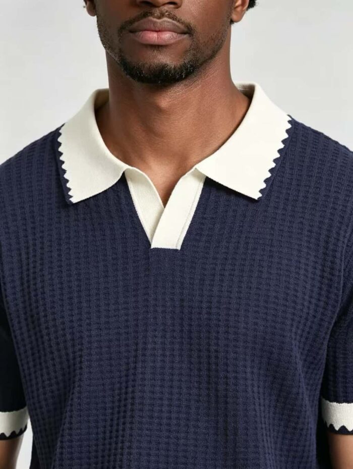 Vintage Contrast Scalloped V-Collar Knit Polo, Solid Textured Short Sleeve Premium Pullover for Men - Image 20
